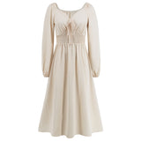 Women Date Dress Slim-Fit Long Sleeve V-neck Lace-up A- line Dress Lantern Sleeve Dress