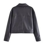 Women Leather Jacket Retro Lapels Double Pocket Shirt PU Leather Coat