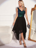 Women Evening Gown Sexy Retro Chiffon Stitching Green Sequins Dress