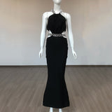 Women Evening Dress Hollow-out Midriff Backless Black Dress Bandage Gown