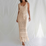 Women Knit Beach Cover Sun-Proof Beach Dress Hollow out Strap Long Dress with Tassel