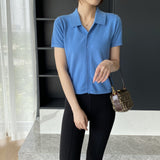 Women Knitted T-shirt Knitted Cardigan Jacket Slim Fit Short Sleeve Polo Collar Top