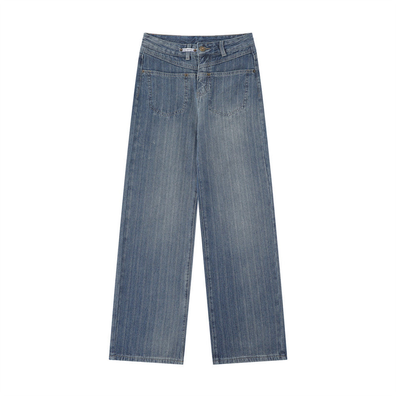 Women Pants Straight Jeans Loose Pockets Casual Trousers