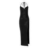Women Dresses Sequins Sexy V-neck Split Long Dress