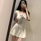 Women Dresses U-Neck Creamy-white Knitted Dress Skirt