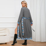 Women Date Dress Long Sleeve Thin-Strap Nightgown Autumn and Winter Broken Lace Cardigan Long Coat