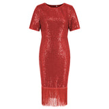 Women Date Dress round Neck Vintage Sequined Tassel Evening Dress