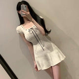 Women Dresses U-Neck Creamy-white Knitted Dress Skirt