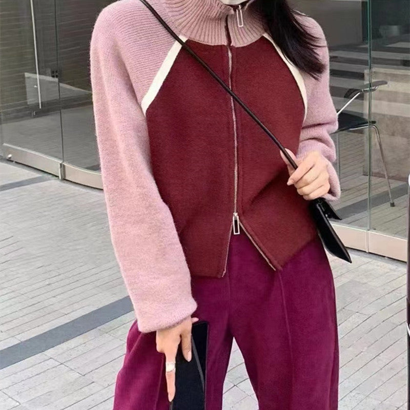 Women Knitwear Spring and Autumn Zipper Turtleneck Sweater Coat