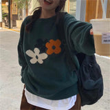 Women Knitted Pullover Vintage Flower round Neck Autumn and Winter Loose Flower Knitwear Sweater