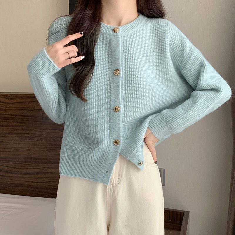 Women Knitted Cardigan round Neck Knitted Cardigan Autumn Winter Retro Thickened Sweater Coat