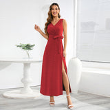 Women Date Dress Sexy Sleeveless V-neck Slit Slim Fit Long Dress