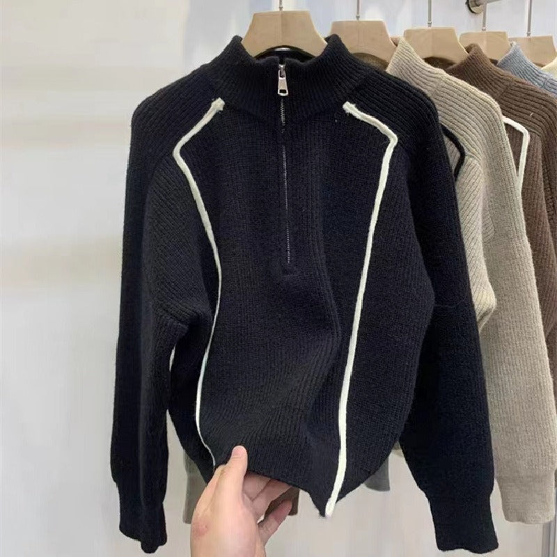 Women Knitted Pullover Turtleneck Zipper Pullover Cropped Sweater Winter Knitwear