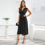 Women Date Dress Summer V-neck Pleated Sleeveless Waist Dress
