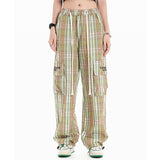 Men Sweatpants Plaid Casual Trousers Multi-Pocket Workwear Straight-Leg Pants