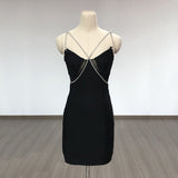 Women Evening Dress Crystal Drill Chain Straps Tulle Backless Evening Gown