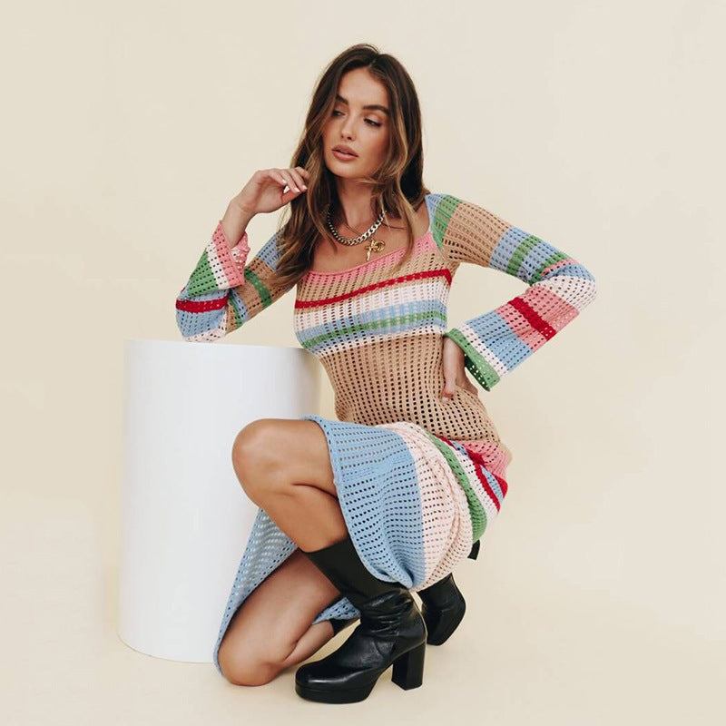 Women Knit Beach Cover Autumn Dress Color U Collar Sexy Hollow Long-Sleeved Knitted Dress