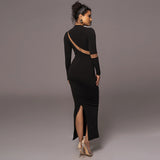 Women Dresses Winter Sexy Cutout Back Slit Long Sleeve Dress