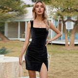 Women Dress Summer Sexy Split Square Collar Hip Skirt