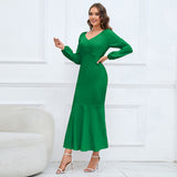 Women Date Dress V-neck Fishtail Skirt Elegant High Waist Evening Long Dress