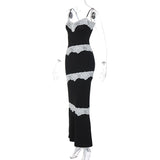 Women Dresse Sexy V-neck Stitching Lace Trim Suspender Skirt Sleeveless Backless Long Dress