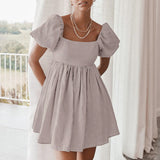 Women Dress Spring/Summer Square Collar Puff Sleeve Dress Women's Casual Short Skirt