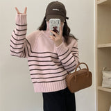 Women Knitwear Autumn and Winter Striped Half Zipper and Lapel Knitwear Loose Sweater
