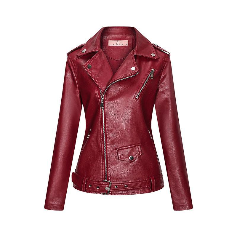Red Leather Jacket Lapel Slim Women Leather Coat Zipper Elegant Pu Women's Leather Coat