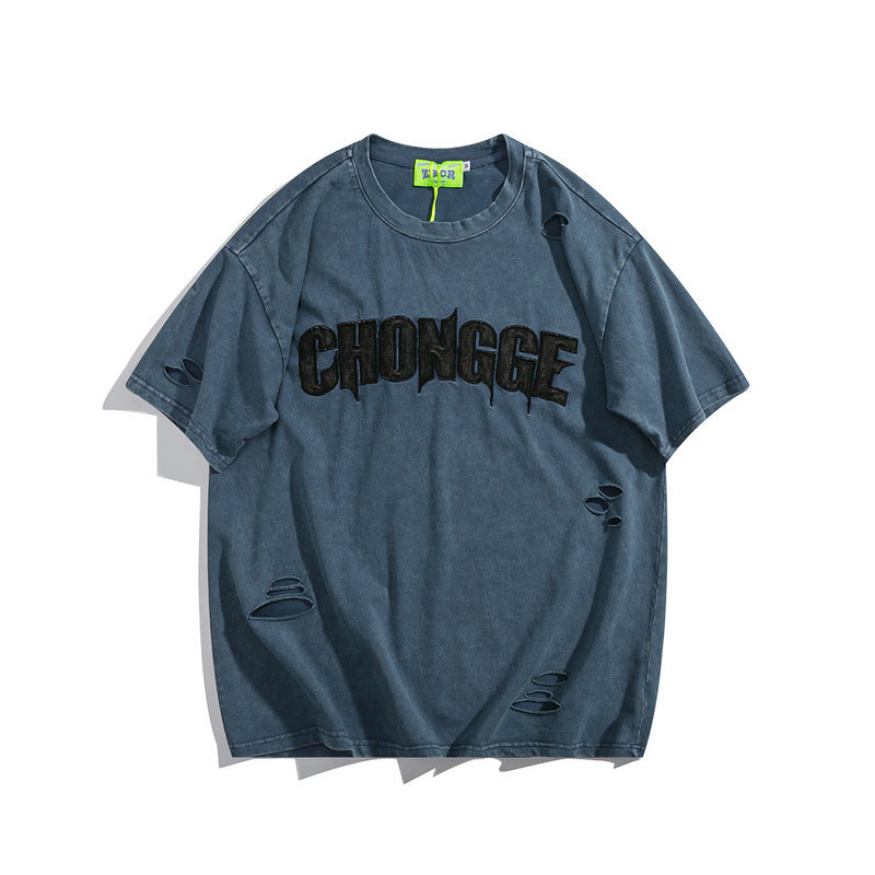 Men T Shirt Washed and Worn Ripped Letter Print Affixed Cloth Embroidered Couple Short Sleeve T-shirt