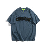 Men T Shirt Washed and Worn Ripped Letter Print Affixed Cloth Embroidered Couple Short Sleeve T-shirt