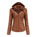 Red Leather Jacket Hooded Leather Jacket Two-Piece Detachable Leather Jacket Women's Spring and Autumn Coat Women's Pu