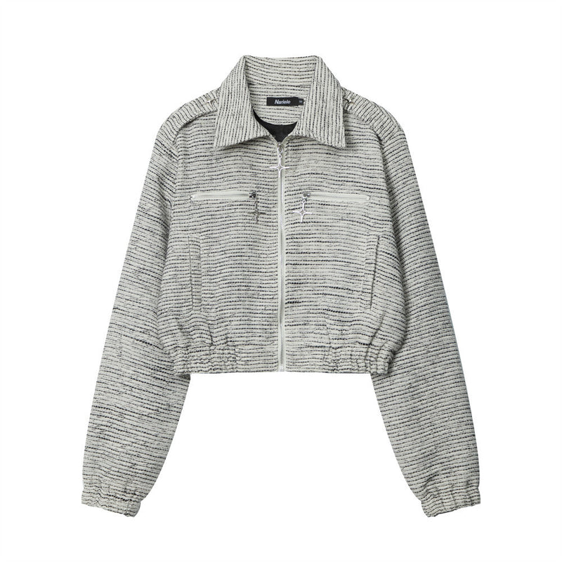 Women Jacket Striped Color Contrast Short Jacket Lapel Zip Long Sleeve Coat