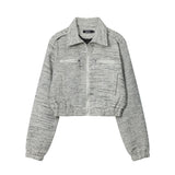 Women Jacket Striped Color Contrast Short Jacket Lapel Zip Long Sleeve Coat