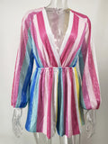 Women's Evening Gown Sexy Loose-Fitting V-neck Long Sleeves Striped Sequined Jumpsuit