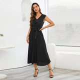 Women Date Dress Chiffon Pleated Dress Slim Fit Elegant Solid Color V-neck Dress