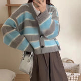 Women Knitwear Autumn and Winter Striped V-neck Napping Sweater Loose Knitted Cardigan
