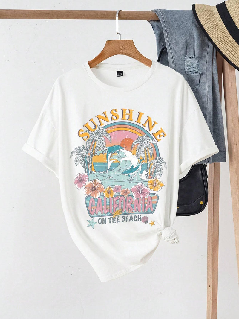 Sunshine California On The Beach Letter Graphic Tshirt Women