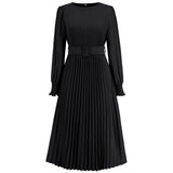 Women Date Dress Fall/Winter Slim Long Sleeve round Neck Pleated Long Dress