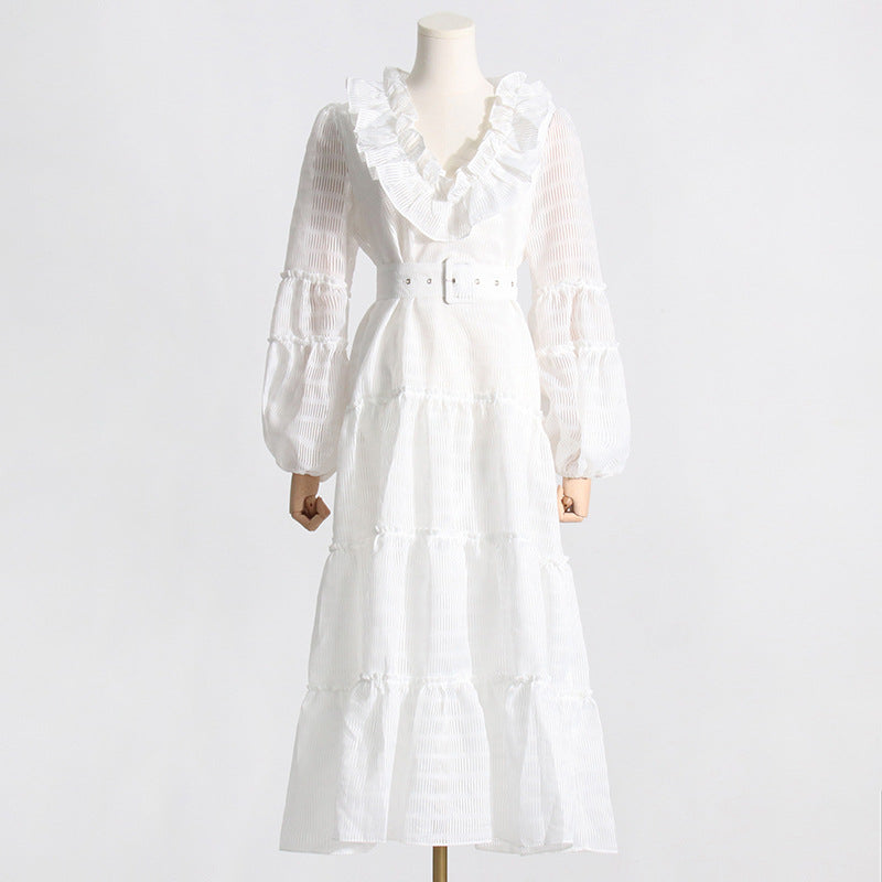 Women Dresses Spring V-neck Dress Long Sleeve Dress (Qymy0409)