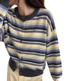 Women Knitwear Autumn and Winter Striped round Neck Sweaters Cardigan
