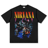 Mens Vintage Rock Band T-Shirt Nirvana Band Print Short Sleeve T-Shirt Loose Vintage Crew Neck