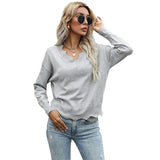 Women Knitted Sweater Autumn Loose Gray Long Sleeves Lace Sweater