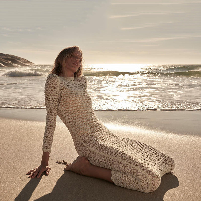 Women Knit Beach Cover Winter Knitting Midi Dress Knitted Hollow out Long Sleeve Dress