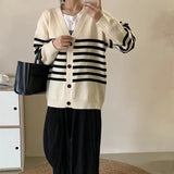 Women Knitwear Autumn and Winter Stripes V-neck Sweater Coat Loose Knitted Cardigan