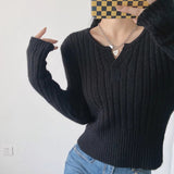 Women Sweater Knitwear V-neck Thread Sunken Stripe Slim-Fit Long-Sleeved Knitted Bottoming Shirt
