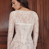 Women Dresses Autumn Sexy Long Sleeve Strap Lace Sling Dress (Bla0420)
