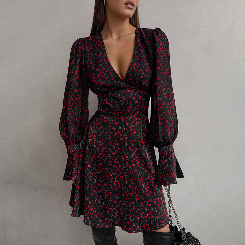 Women Dress Autumn Winter Retro Elegant Floral Dress