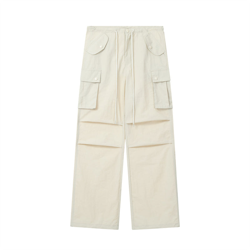 Men Sweatpants Multi-Pocket Wide Leg Trousers Men's Loose Solid Color Pleated Straight-Leg Pants