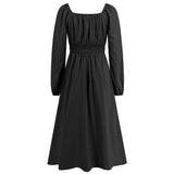 Women Date Dress Slim-Fit Long Sleeve V-neck Lace-up A- line Dress Lantern Sleeve Dress