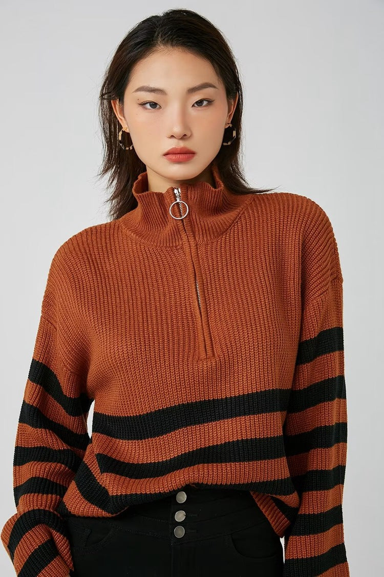Women Sweater Knit Wear Zipper Striped Sweater Autumn and Winter Turtleneck Knitted Cardigan